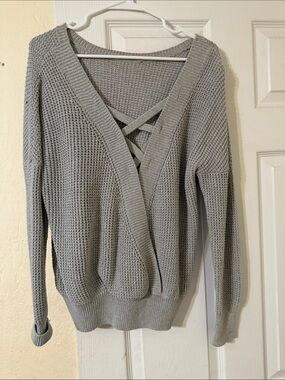 Simply Southern Light Gray V-Neck Crisscross Knit Sweater